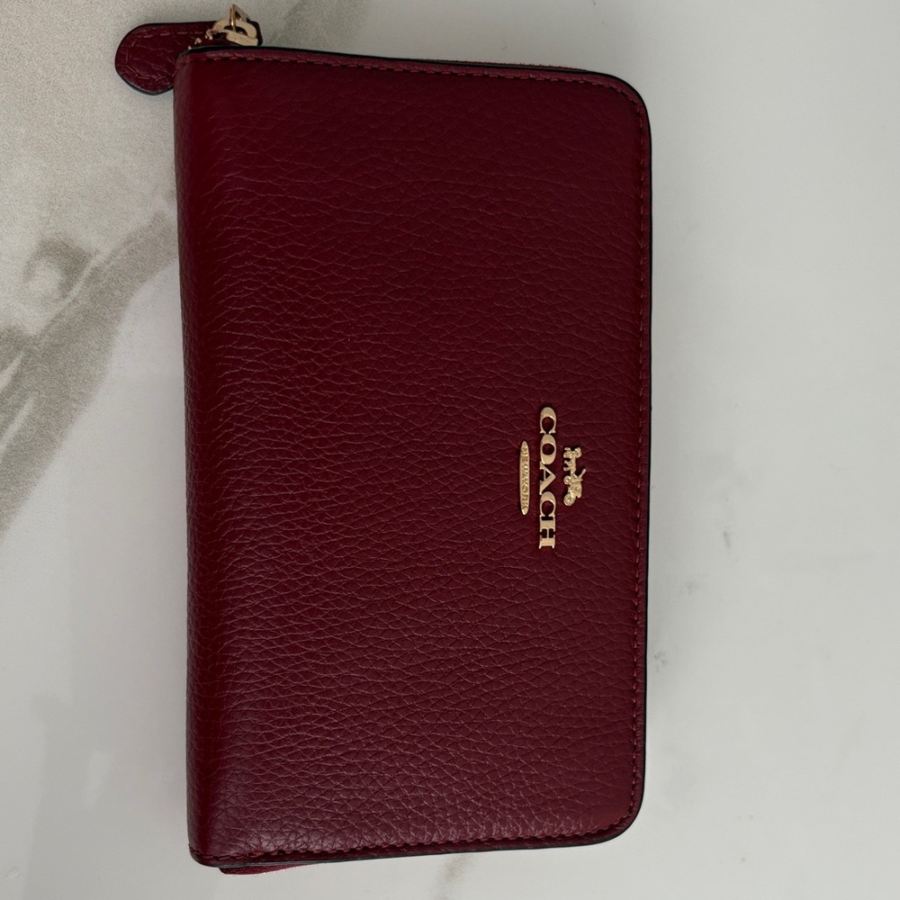 Coach Zip-Around Leather Wallet in Burgundy with Gold Logo
